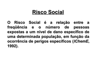 O Risco Social é a relação entre a
O Risco Social é a relação entre a
freqüência e o número de pessoas
freqüência e o número de pessoas
expostas a um nível de dano específico de
expostas a um nível de dano específico de
uma determinada população, em função da
uma determinada população, em função da
ocorrência de perigos específicos (
ocorrência de perigos específicos (IChemE
IChemE,
,
1992).
1992).
Risco Social
Risco Social
 