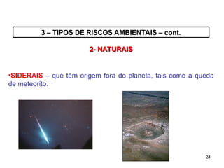24
24
2- NATURAIS
2- NATURAIS
•SIDERAIS – que têm origem fora do planeta, tais como a queda
de meteorito.
3 – TIPOS DE RISCOS AMBIENTAIS – cont.
 
