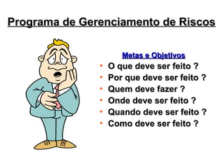 Metas e Objetivos
Metas e Objetivos
• O que deve ser feito ?
O que deve ser feito ?
• Por que deve ser feito ?
Por que deve ser feito ?
• Quem deve fazer ?
Quem deve fazer ?
• Onde deve ser feito ?
Onde deve ser feito ?
• Quando deve ser feito ?
Quando deve ser feito ?
• Como deve ser feito ?
Como deve ser feito ?
Programa de Gerenciamento de Riscos
Programa de Gerenciamento de Riscos
 