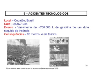 28
28
6 – ACIDENTES TECNOLÓGICOS
Local – Cubatão, Brasil
Data – 25/02/1984
Evento - Vazamento de ~700.000 L de gasolina de um duto
seguido de incêndio.
Consequências – 93 mortos, 4 mil feridos
Fonte: Cetesb, www.cetesb.sp.gov.br, acesso em 24 de setembro de 2006.
 