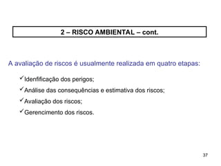 37
37
2 – RISCO AMBIENTAL – cont.
A avaliação de riscos é usualmente realizada em quatro etapas:
Idenfificação dos perigos;
Análise das consequências e estimativa dos riscos;
Avaliação dos riscos;
Gerencimento dos riscos.
 