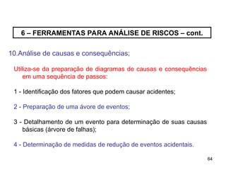 64
64
6 – FERRAMENTAS PARA ANÁLISE DE RISCOS – cont.
10.Análise de causas e consequências;
Utiliza-se da preparação de diagramas de causas e consequências
em uma sequência de passos:
1 - Identificação dos fatores que podem causar acidentes;
2 - Preparação de uma ávore de eventos;
3 - Detalhamento de um evento para determinação de suas causas
básicas (árvore de falhas);
4 - Determinação de medidas de redução de eventos acidentais.
 