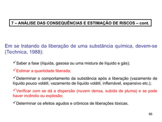 66
66
7 – ANÁLISE DAS CONSEQUÊNCIAS E ESTIMAÇÃO DE RISCOS – cont.
Em se tratando da liberação de uma substância química, devem-se
(Technica, 1988):
Saber a fase (líquida, gasosa ou uma mistura de líquido e gás);
Estimar a quantidade liberada;
Determinar o comportamento da substância após a liberação (vazamento de
líquido pouco volátil, vazamento de líquido volátil, inflamável, expansivo etc.);
Verificar com se dá a dispersão (nuvem densa, subida de pluma) e se pode
haver incêndio ou explosão;
Determinar os efeitos agudos e crônicos de liberações tóxicas.
 