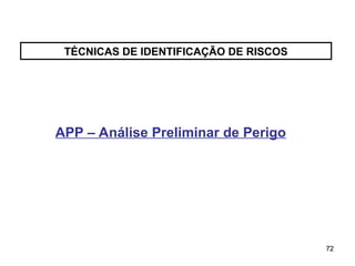 72
72
TÉCNICAS DE IDENTIFICAÇÃO DE RISCOS
APP – Análise Preliminar de Perigo
 