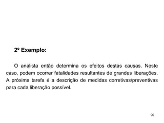 90
90
2º Exemplo:
O analista então determina os efeitos destas causas. Neste
caso, podem ocorrer fatalidades resultantes de grandes liberações.
A próxima tarefa é a descrição de medidas corretivas/preventivas
para cada liberação possível.
 