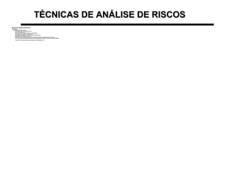 TÉCNICAS DE ANÁLISE DE RISCOSTÉCNICAS DE ANÁLISE DE RISCOS
TÉCNICA DE INCIDENTES CRÍTICOSTÉCNICA DE INCIDENTES CRÍTICOS
APLICAÇÃO:APLICAÇÃO:
–DADOS GERAIS E RESULTADOS:DADOS GERAIS E RESULTADOS:
•ENTREVISTAS DE 25 A 100 MIN. MÉDIA DE 47 MIN.ENTREVISTAS DE 25 A 100 MIN. MÉDIA DE 47 MIN.
•14 H E 10 MIN. DE GRAVAÇÃO14 H E 10 MIN. DE GRAVAÇÃO
•TOTAL DE ICS =389 (117 TIPOS DIFERENTES P/ O ANO ESTUDADO)TOTAL DE ICS =389 (117 TIPOS DIFERENTES P/ O ANO ESTUDADO)
•ICS DIFERENTES POR PESSOA = 4 A 41. MÉDIA DE 19ICS DIFERENTES POR PESSOA = 4 A 41. MÉDIA DE 19
•ANO ANTERIOR: 206 ACIDENTES C/ LESÕES LEVES E 6 C/ LESÕES GRAVESANO ANTERIOR: 206 ACIDENTES C/ LESÕES LEVES E 6 C/ LESÕES GRAVES
•TODOS COM CAUSAS APONTADAS PELOS ICSTODOS COM CAUSAS APONTADAS PELOS ICS
•CONSTATADO 52,1% A MAIS DE AI/CI QUE OS IDENTIFICADOS POR REGISTROS DE ACIDENTES DOS ÚLTIMOS 2 ANOSCONSTATADO 52,1% A MAIS DE AI/CI QUE OS IDENTIFICADOS POR REGISTROS DE ACIDENTES DOS ÚLTIMOS 2 ANOS
•67,5% DOS DIFERENTES INCIDENTES REGISTRADOS FORAM ESTIMADOS POR PELO MENOS 1 PESSOA E OCORRIAM DIARIAMENTE67,5% DOS DIFERENTES INCIDENTES REGISTRADOS FORAM ESTIMADOS POR PELO MENOS 1 PESSOA E OCORRIAM DIARIAMENTE
““ O ACIDENTE É A PIOR MANIFESTAÇÃO DE UM UM PERIGO, DAÍ A IMPORTÂNCIA DO IC”O ACIDENTE É A PIOR MANIFESTAÇÃO DE UM UM PERIGO, DAÍ A IMPORTÂNCIA DO IC”
 