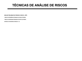 TÉCNICAS DE ANÁLISE DE RISCOSTÉCNICAS DE ANÁLISE DE RISCOS
ANÁLISE PRELIMINAR DE PERIGOS E RISCOS - APPRANÁLISE PRELIMINAR DE PERIGOS E RISCOS - APPR
•TABELA DE FREQÜÊNCIA ESTIMADA DA CAUSA DO PERIGOTABELA DE FREQÜÊNCIA ESTIMADA DA CAUSA DO PERIGO
•TABELA DA SEVERIDADE ESPERADA DO EFEITO DO PERIGOTABELA DA SEVERIDADE ESPERADA DO EFEITO DO PERIGO
•MATRIZ DE CATEGORIAS DE RISCOS: F x SMATRIZ DE CATEGORIAS DE RISCOS: F x S
 