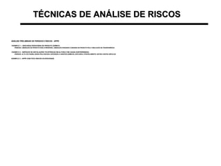 TÉCNICAS DE ANÁLISE DE RISCOSTÉCNICAS DE ANÁLISE DE RISCOS
ANÁLISE PRELIMINAR DE PERIGOS E RISCOS - APPRANÁLISE PRELIMINAR DE PERIGOS E RISCOS - APPR
•EXEMPLO 1 – DESCARGA RODOVIÁRIA DE PRODUTO QUÍMICO:EXEMPLO 1 – DESCARGA RODOVIÁRIA DE PRODUTO QUÍMICO:
–PERIGOS: LIBERAÇÃO DE PRODUTO PARA ATMOSFERA; LIBERAÇÃO (PEQUENA E GRANDE) DE PRODUTO PELA TUBULAÇÃO DE TRANSFERÊNCIAPERIGOS: LIBERAÇÃO DE PRODUTO PARA ATMOSFERA; LIBERAÇÃO (PEQUENA E GRANDE) DE PRODUTO PELA TUBULAÇÃO DE TRANSFERÊNCIA
•EXEMPLO 2 - SERVIÇOS DE INSTALAÇÕES TELEFÔNICAS EM ALTURA E EM CAIXAS SUBTERRÂNEAS:EXEMPLO 2 - SERVIÇOS DE INSTALAÇÕES TELEFÔNICAS EM ALTURA E EM CAIXAS SUBTERRÂNEAS:
–PERIGOS: ALTA VOLTAGEM; QUEDA PELA ESCADA; EXPOSIÇÃO A AGENTES QUÍMICOS; EXPLOSÃO; ATROPELAMENTO; BATIDA CONTRA VEÍCULOSPERIGOS: ALTA VOLTAGEM; QUEDA PELA ESCADA; EXPOSIÇÃO A AGENTES QUÍMICOS; EXPLOSÃO; ATROPELAMENTO; BATIDA CONTRA VEÍCULOS
•EXEMPLO 3 – APPR COM FOCO RISCOS OCUPACIONAISEXEMPLO 3 – APPR COM FOCO RISCOS OCUPACIONAIS
 