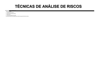 TÉCNICAS DE ANÁLISE DE RISCOSTÉCNICAS DE ANÁLISE DE RISCOS
ANÁLISE DE MODOS DE FALHA E EFEITOS - FMEAANÁLISE DE MODOS DE FALHA E EFEITOS - FMEA
• MODOS BÁSICOS DE FALHAS:MODOS BÁSICOS DE FALHAS:
A.A. FALHA EM OPERAR NO INSTANTE PRESCRITO;FALHA EM OPERAR NO INSTANTE PRESCRITO;
B.B. FALHA EM CESSAR DE OPERAR NO INSTANTE PRESCRITO;FALHA EM CESSAR DE OPERAR NO INSTANTE PRESCRITO;
C.C. OPERAÇÃO PREMATURA;OPERAÇÃO PREMATURA;
D.D. FALHA EM OPERAÇÃO (COMPONENTE DE AÇÃO CONTÍNUA)FALHA EM OPERAÇÃO (COMPONENTE DE AÇÃO CONTÍNUA)
EX.: FUSÍVEL COMUM, LÂMPADA EM LOCAL SEM ILUMINAÇÃO NATURAL, TERMOSTATO DE GELADEIRA, DISCO DE RUPTURA, PSV DE CALDEIRA.EX.: FUSÍVEL COMUM, LÂMPADA EM LOCAL SEM ILUMINAÇÃO NATURAL, TERMOSTATO DE GELADEIRA, DISCO DE RUPTURA, PSV DE CALDEIRA.
 