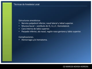Técnicas de Anestesia Local




     Estructuras anestésicas
     • Nervios palpebral inferior, nasal lateral y labial superior.
     • Mucosa bucal – vestíbulo de IC, IL y C. Homolateral.
     • Cara interna de labio superior.
     • Parpado inferior, ala nasal, región naso geniana y labio superior.

     Complicaciones.
     • Hemorragia y/o hematoma.




                                                     CD MARCOS NOVOA HERRERA
 