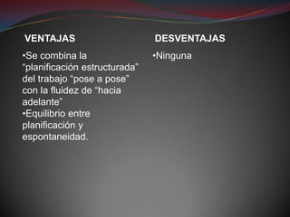 VENTAJAS                       DESVENTAJAS
•Se combina la                 •Ninguna
“planificación estructurada”
del trabajo “pose a pose”
con la fluidez de “hacia
adelante”
•Equilibrio entre
planificación y
espontaneidad.
 