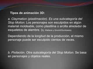 Tipos de animación 3D:
a. Claymation (plastimación). Es una subcategoría del
Stop Motion. Los personajes son esculpidos en algún
material moldeable, como plastilina o arcilla alrededor de
esqueletos de alambre. (Ej. Wallace y Gromit/Gumbasia).

Dependiendo de la longitud de la producción, el mismo
personaje puede ser esculpido cientos de veces.



b. Pixilación. Otra subcategoría del Stop Motion. Se basa
en personajes y objetos reales.
 