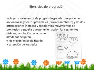 Incluyen movimientos de progresión grande que ponen en
acción los segmentos proximales (brazo y antebrazo) y las dos
articulaciones (hombro y codo); y los movimientos de
progresión pequeña que ponen en acción los segmentos
distales, la rotación de la mano
alrededor del puño
y los movimientos de flexión
y extensión de los dedos.
Ejercicios de progresión
 