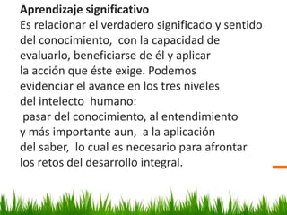 Aprendizaje significativo
Es relacionar el verdadero significado y sentido
del conocimiento, con la capacidad de
evaluarlo, beneficiarse de él y aplicar
la acción que éste exige. Podemos
evidenciar el avance en los tres niveles
del intelecto humano:
pasar del conocimiento, al entendimiento
y más importante aun, a la aplicación
del saber, lo cual es necesario para afrontar
los retos del desarrollo integral.
 