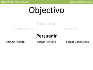 TÉCNICAS DE APRESENTAÇÃO [email_address] Objectivo Informar Persuadir Funcionamento Informação Atingir Acordo Forçar Reacção Forçar Conclusões 
