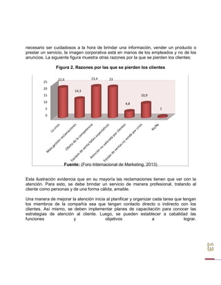 necesario ser cuidadosos a la hora de brindar una información, vender un producto o prestar un servicio, la imagen corporativa está en manos de los empleados y no de los anuncios. La siguiente figura muestra otras razones por la que se pierden los clientes: 
Figura 2. Razones por las que se pierden los clientes 
22,6 
25 
20 
15 
10 
5 
0 
14,3 
23,4 23 
4,8 
10,9 
1 
Fuente: (Foro Internacional de Marketing, 2013) 
Esta ilustración evidencia que en su mayoría las reclamaciones tienen que ver con la atención. Para esto, se debe brindar un servicio de manera profesional, tratando al cliente como personas y de una forma cálida, amable. 
Una manera de mejorar la atención inicia al planificar y organizar cada tarea que tengan los miembros de la compañía sea que tengan contacto directo o indirecto con los clientes. Así mismo, se deben implementar planes de capacitación para conocer las estrategias de atención al cliente. Luego, se pueden establecer a cabalidad las funciones y objetivos a lograr.  
