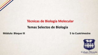 Técnicas de Biología Molecular
Temas Selectos de Biología
Módulo: Bloque III 5 to Cuatrimestre
 