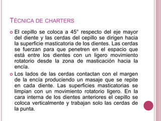TÉCNICA DE CHARTERS 
 El cepillo se coloca a 45° respecto del eje mayor 
del diente y las cerdas del cepillo se dirigen hacia 
la superficie masticatoria de los dientes. Las cerdas 
se fuerzan para que penetren en el espacio que 
está entre los dientes con un ligero movimiento 
rotatorio desde la zona de masticación hacia la 
encía. 
 Los lados de las cerdas contactan con el margen 
de la encía produciendo un masaje que se repite 
en cada diente. Las superficies masticatorias se 
limpian con un movimiento rotatorio ligero. En la 
cara interna de los dientes anteriores el cepillo se 
coloca verticalmente y trabajan solo las cerdas de 
la punta. 
 