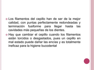  Los filamentos del cepillo han de ser de la mejor 
calidad, con puntas perfectamente redondeadas y 
terminación fusiforme para llegar hasta las 
cavidades más pequeñas de los dientes. 
 Hay que cambiar el cepillo cuando los filamentos 
están torcidos o desgastados, pues un cepillo en 
mal estado puede dañar las encías y es totalmente 
ineficaz para la higiene bucodental 
 