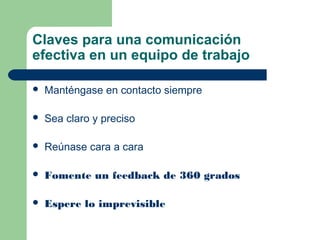 Claves para una comunicación
efectiva en un equipo de trabajo
 Manténgase en contacto siempre
 Sea claro y preciso
 Reúnase cara a cara
 Fomente un feedback de 360 grados
 Espere lo imprevisible
 