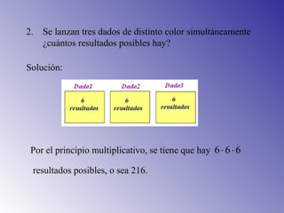 2. Se lanzan tres dados de distinto color simultáneamente
¿cuántos resultados posibles hay?
Solución:
Por el principio multiplicativo, se tiene que hay 666 ⋅⋅
resultados posibles, o sea 216.
 