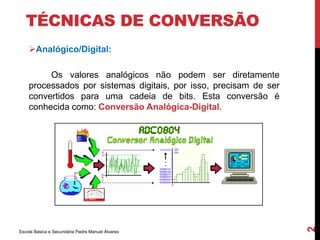 TÉCNICAS DE CONVERSÃO 
Analógico/Digital: 
Os valores analógicos não podem ser diretamente 
processados por sistemas digitais, por isso, precisam de ser 
convertidos para uma cadeia de bits. Esta conversão é 
conhecida como: Conversão Analógica-Digital. 
Escola Básica e Secundária Padre Manuel Álvares 
2 
 