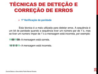 TÉCNICAS DE DETEÇÃO E 
CORREÇÃO DE ERROS 
 1º Verificação de paridade 
Escola Básica e Secundária Padre Manuel Álvares 
20 
Esta técnica é a mais utilizada para detetar erros. A sequência é 
um bit de paridade quando a sequência tiver um número par de 1´s, mas 
se tiver um numero ímpar de 1´s a mensagem está incorreta, por exemplo: 
11001100- A mensagem está correta. 
10101011- A mensagem está incorreta. 
 