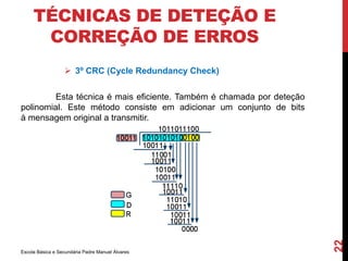 TÉCNICAS DE DETEÇÃO E 
CORREÇÃO DE ERROS 
 3º CRC (Cycle Redundancy Check) 
Escola Básica e Secundária Padre Manuel Álvares 
22 
Esta técnica é mais eficiente. Também é chamada por deteção 
polinomial. Este método consiste em adicionar um conjunto de bits 
à mensagem original a transmitir. 
 