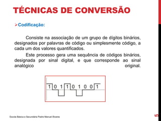 TÉCNICAS DE CONVERSÃO 
Codificação: 
Consiste na associação de um grupo de dígitos binários, 
designados por palavras de código ou simplesmente código, a 
cada um dos valores quantificados. 
Este processo gera uma sequência de códigos binários, 
designada por sinal digital, e que corresponde ao sinal 
analógico original. 
Escola Básica e Secundária Padre Manuel Álvares 
5 
 