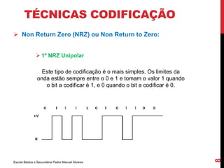 TÉCNICAS CODIFICAÇÃO 
 Non Return Zero (NRZ) ou Non Return to Zero: 
 1º NRZ Unipolar 
Este tipo de codificação é o mais simples. Os limites da 
onda estão sempre entre o 0 e 1 e tomam o valor 1 quando 
o bit a codificar é 1, e 0 quando o bit a codificar é 0. 
Escola Básica e Secundária Padre Manuel Álvares 
8 
 