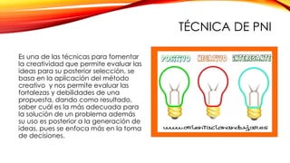 TÉCNICA DE PNI
Es una de las técnicas para fomentar
la creatividad que permite evaluar las
ideas para su posterior selección, se
basa en la aplicación del método
creativo y nos permite evaluar las
fortalezas y debilidades de una
propuesta, dando como resultado,
saber cuál es la más adecuada para
la solución de un problema además
su uso es posterior a la generación de
ideas, pues se enfoca más en la toma
de decisiones.
 