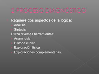 

Requiere dos aspectos de la lógica:
› Análisis
› Síntesis

Utiliza diversas herramientas:
› Anamnesis
› Historia clínica
› Exploración física
› Exploraciones complementarias.

 
