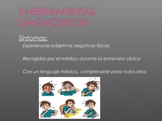 

Síntomas:
› Experiencias subjetivas negativas físicas
› Recogidas por el médico durante la entrevista clínica
› Con un lenguaje médico, comprensible para todos ellos.

 