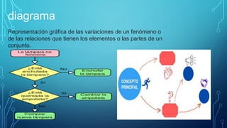 diagrama
Representación gráfica de las variaciones de un fenómeno o
de las relaciones que tienen los elementos o las partes de un
conjunto.
 