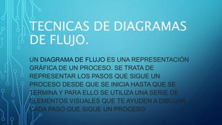 TECNICAS DE DIAGRAMAS
DE FLUJO.
UN DIAGRAMA DE FLUJO ES UNA REPRESENTACIÓN
GRÁFICA DE UN PROCESO. SE TRATA DE
REPRESENTAR LOS PASOS QUE SIGUE UN
PROCESO DESDE QUE SE INICIA HASTA QUE SE
TERMINA Y PARA ELLO SE UTILIZA UNA SERIE DE
ELEMENTOS VISUALES QUE TE AYUDEN A DIBUJAR
CADA PASO QUE SIGUE UN PROCESO.
 
