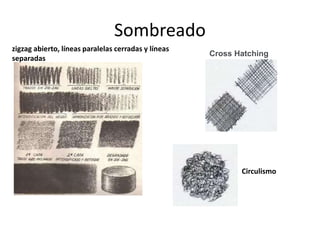 Sombreado
Cross Hatching
zigzag abierto, líneas paralelas cerradas y líneas
separadas
Circulismo
 