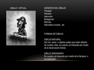 DIBUJO VIRTUAL GENEROS DEL DIBUJO:
Paisajes
Retratos
desnudos
Bodegones
Marinas
Naturaleza muerta, etc
FORMAS DE DIBUJO
DIBUJO NATURAL:
Son los seres o objetos reales que están delante
de nuestra vista, es cuando ud interpreta por medio
de la observación directa
DIBUJO IMAGINARIO:
Es cuando ud interpreta por medio de la fantasía o
la creatividad
 
