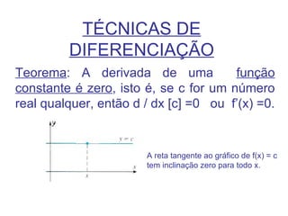 TÉCNICAS DE
         DIFERENCIAÇÃO
Teorema: A derivada de uma             função
constante é zero, isto é, se c for um número
real qualquer, então d / dx [c] =0 ou f’(x) =0.


                       A reta tangente ao gráfico de f(x) = c
                       tem inclinação zero para todo x.
 