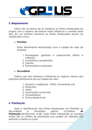 7
5. Mapeamento
Várias são as formas de se classificar as Partes Interessadas do
projeto com o objetivo de exercer maior influência e controle sobre
elas. Em um primeiro momento as Partes Interessadas devem ser
classificadas como:
 Primárias
Estão diretamente relacionados com a cadeia de valor da
empresa.
1. Empregados (gestores e operacionais diretos e
indiretos);
2. Investidores e proprietário;
3. Clientes
4. Fornecedores e parceiros.
 Secundárias
Público que tem interesse e influência no negócio mesmo sem
participar diretamente de sua cadeia de valor.
1. Governo / Legislação - ONGs / Sociedade civil;
2. Sindicatos;
3. Mídia;
4. Associações comerciais;
5. Competidores;
6. Comunidade local.
6. Priorização
Após a identificação das Partes Interessadas em Primárias ou
Secundárias é necessário aplicar os Critérios de
Priorização identificando onde cada Parte Interessada se encaixa.
Muitos são os critérios de priorização que podem ser utilizados não
existindo o melhor ou o pior.
 