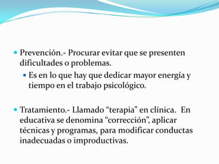 ATENCIÓN A LOS PADRESSe trabaja a 2 niveles.InformaciónBrindar conocimientos  acerca de: Psicología del Desarrollo.de la Motivación.del Aprendizaje Psicología Diferencial y cómo aplicarlo en su hogar, con su hijo.  Personal En relación a la problemática del padre con el alumno.  