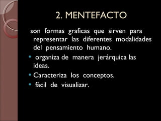 2. MENTEFACTO son  formas  graficas  que  sirven  para  representar  las  diferentes  modalidades  del  pensamiento  humano. organiza de  manera  jerárquica las  ideas. Caracteriza  los  conceptos. fácil  de  visualizar. 