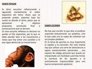 SABER PENSAREs decir, escuchar reflexionando y siguiendo mentalmente el orden expositivo del tema: título, que se pretende probar, aspectos bajo los cuales se aborda el tema, pasos que se aproximan al objetivo propuesto, conclusión final y consecuencias que se derivan.En esta escucha reflexiva es decisivo no perder el hilo expositivo, por lo que se debe atender bien a los mecanismos y nexos que hay entre una cuestión y la que sigue dentro de un mismo tema.SABER ESCRIBIRNo hay que escribir lo que dice el profesor copiando textualmente sus palabras, sino lo que cada uno es capaz de sintetizar con sus propias palabras.En la toma de apuntes es muy importante la rapidez y la concisión. Por este motivo hay que utilizar una serie de abreviaturas o signos convencionales personales, , una especie de código personal que pueda ser interpretado con facilidad y permita limitar la escritura de los apuntes a lo estrictamente imprescindible para una buena comprensión posterior.