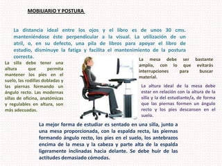 MOBILIARIO Y POSTURA La distancia ideal entre los ojos y el libro es de unos 30 cms. manteniéndose éste perpendicular a la visual. La utilización de un atril, o, en su defecto, una pila de libros para apoyar el libro de estudio, disminuye la fatiga y facilita el mantenimiento de la postura correcta. La mesa debe ser bastante amplia, con lo que evitarás interrupciones para buscar material. La silla debe tener una altura que permita mantener los pies en el suelo, las rodillas dobladas y las piernas formando un ángulo recto. Las modernas sillas de oficina, anatómicas y regulables en altura, son más adecuadas. La altura ideal de la mesa debe estar en relación con la altura de la silla y la del estudiante/a, de forma que las piernas formen un ángulo recto y los pies descansen en el suelo. La mejor forma de estudiar es sentado en una silla, junto a una mesa proporcionada, con la espalda recta, las piernas formando ángulo recto, los pies en el suelo, los antebrazos encima de la mesa y la cabeza y parte alta de la espalda ligeramente inclinadas hacia delante. Se debe huir de las actitudes demasiado cómodas.