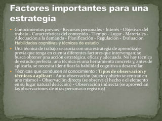  Conocimientos previos - Recursos personales - Interés - Objetivos del
  trabajo - Características del contenido - Tiempo - Lugar - Materiales -
  Adecuación a la demanda - Planificación - Regulación - Evaluación
  Habilidades cognitivas y técnicas de estudio
 Una técnica de trabajo se asocia con una estrategia de aprendizaje
  previa que tenga en cuenta diferentes factores que intervengan; se
  busca obtener una acción estratégica, eficaz y adecuada. No hay técnica
  de estudio perfecta; una técnica es una herramienta concreta y, antes de
  aplicarla, se necesita identificar la habilidad cognitiva a desarrollar.
 Técnicas que conducen al conocimiento : Tipos de observación y
  técnicas a aplicar: - Auto-observación (sujeto y objeto se centran en
  uno mismo) - Observación directa (se observa el hecho o el elemento
  en su lugar natural de acción) - Observación indirecta (se aprovechan
  las observaciones de otras personas o registros)
 