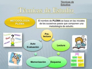 Técnicas de
Estudios
METODOLOGÍA
PLEMA
El nombre de PLEMA se basa en las iniciales
de los sucesivos pasos que componen una
metodología de estudio.
Pre-
lectura
Lectura
EsquemaMemorización
Auto
Evaluación
 