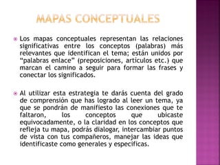  Los mapas conceptuales representan las relaciones
significativas entre los conceptos (palabras) más
relevantes que identifican el tema; están unidos por
“palabras enlace” (preposiciones, artículos etc.) que
marcan el camino a seguir para formar las frases y
conectar los significados.
 Al utilizar esta estrategia te darás cuenta del grado
de comprensión que has logrado al leer un tema, ya
que se pondrán de manifiesto las conexiones que te
faltaron, los conceptos que ubicaste
equivocadamente, o la claridad en los conceptos que
refleja tu mapa, podrás dialogar, intercambiar puntos
de vista con tus compañeros, manejar las ideas que
identificaste como generales y especificas.
 