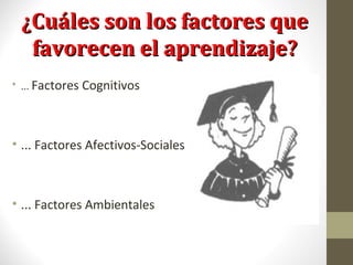 ¿Cuáles son los factores que¿Cuáles son los factores que
favorecen el aprendizaje?favorecen el aprendizaje?
• ... Factores Cognitivos
• ... Factores Afectivos-Sociales
• ... Factores Ambientales
 