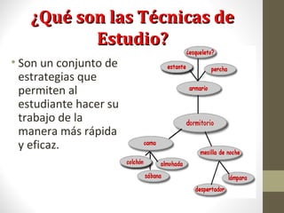 ¿Qué son las Técnicas de¿Qué son las Técnicas de
Estudio?Estudio?
• Son un conjunto de
estrategias que
permiten al
estudiante hacer su
trabajo de la
manera más rápida
y eficaz.
 