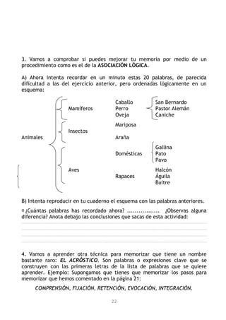 3. Vamos a comprobar si puedes mejorar tu memoria por medio de un
procedimiento como es el de la ASOCIACIÓN LÓGICA.
A) Ahora intenta recordar en un minuto estas 20 palabras, de parecida
dificultad a las del ejercicio anterior, pero ordenadas lógicamente en un
esquema:
Caballo San Bernardo
Mamíferos Perro Pastor Alemán
Oveja Caniche
Mariposa
Insectos
Animales Araña
Gallina
Domésticas Pato
Pavo
Aves Halcón
Rapaces Águila
Buitre
B) Intenta reproducir en tu cuaderno el esquema con las palabras anteriores.
 ¿Cuántas palabras has recordado ahora? ................. ¿Observas alguna
diferencia? Anota debajo las conclusiones que sacas de esta actividad:
4. Vamos a aprender otra técnica para memorizar que tiene un nombre
bastante raro: EL ACRÓSTICO. Son palabras o expresiones clave que se
construyen con las primeras letras de la lista de palabras que se quiere
aprender. Ejemplo: Supongamos que tienes que memorizar los pasos para
memorizar que hemos comentado en la página 21:
COMPRENSIÓN, FIJACIÓN, RETENCIÓN, EVOCACIÓN, INTEGRACIÓN.
22
 