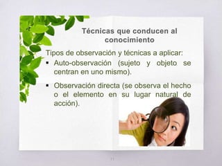 Técnicas que conducen al
conocimiento
11
Tipos de observación y técnicas a aplicar:
 Auto-observación (sujeto y objeto se
centran en uno mismo).
 Observación directa (se observa el hecho
o el elemento en su lugar natural de
acción).
 